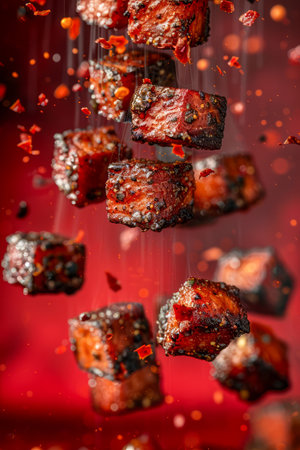 Levitating Spicy Grilled Meat Cubes with Fiery Seasoning on a Dynamic Red Background AI Generativeの素材