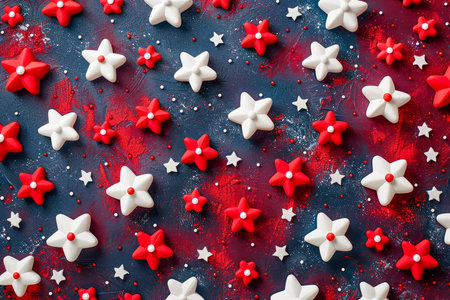 Patriotic Red, White, and Blue Star Shaped Sprinkles on a Dark Gradient Background for Independence Day Celebration and Festive Decor AI Generativeの素材