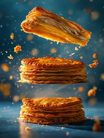 Levitating Flaky Puff Pastry Stack with Crumbs Suspended in Air on a Moody Blue Background, Perfect for High End Culinary Presentation and Advertising AI Generativeの素材