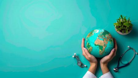Hands Holding a Globe on Turquoise Background, Concept of Travel, Global Business and Environmental Care AI Generativeの素材