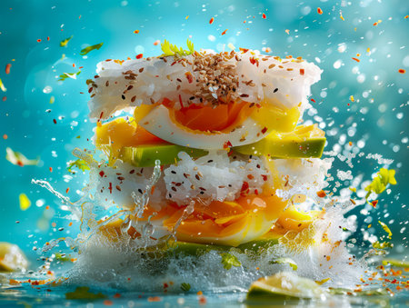 Fresh Avocado and Egg Salad with Seasonings Splashing in Dynamic Motion Against Blue Background AI Generativeの素材
