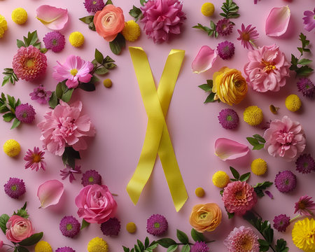 Vibrant Pink and Yellow Spring Flowers Arrangement with Ribbon on Pastel Background AI Generativeの素材