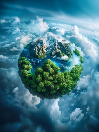 Surreal Miniature Planet Concept with Clouds, Ocean, and Lush Forests Encapsulating Mountain Peaks AI Generativeの素材