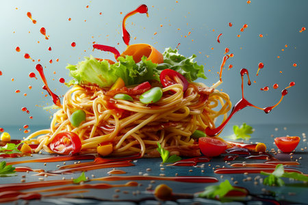 Dynamic Spaghetti Pasta Salad with Fresh Vegetables and Flying Ingredients on Blue Gradient Background AI Generativeの素材