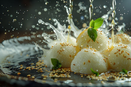Fresh Gnocchi in Splashing Water with Basil and Sesame Seeds on Dark Background Italian Cuisine Concept AI Generativeの素材