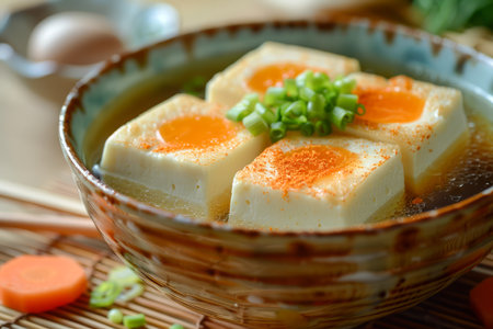 Traditional Asian Cuisine, Close up of Tofu Dish with Carrots and Green Onion Garnish in Ceramic Bowl AI Generativeの素材