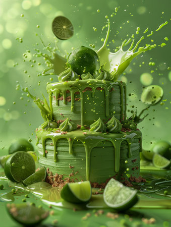 Vibrant Green Lime Themed Cake with Splash Effect on a Green Background for a Fresh Dessert Concept AI Generativeの素材