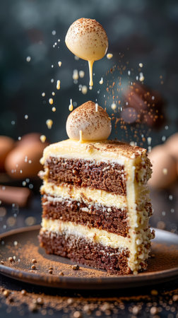 Delectable Layered Chocolate Cake with Cream Filling and Golden Caramel Syrup Drizzle on a Dark Rustic Background AI Generativeの素材