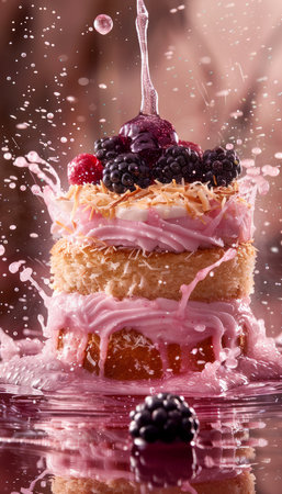 Exquisite Layered Berry Cake with Pink Frosting and Dynamic Splash Captured in High Detail AI Generativeの素材