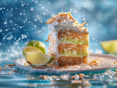 Exquisite Coconut Lime Dessert with Fresh Zest on Elegant Plate, Blurred Blue Background AI Generativeの素材