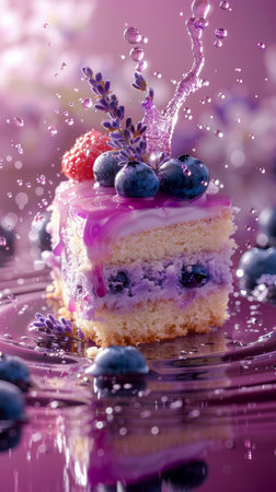 Vibrant Lavender Infused Berry Cake with Fresh Strawberries and Blueberries Splashing on Reflective Surface AI Generativeの素材