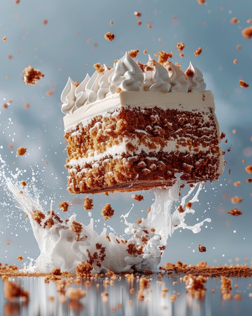 Levitating Carrot Cake Slice Splashing in Milk with Crumbs flying High speed Photography Magic in Studio AI Generativeの素材
