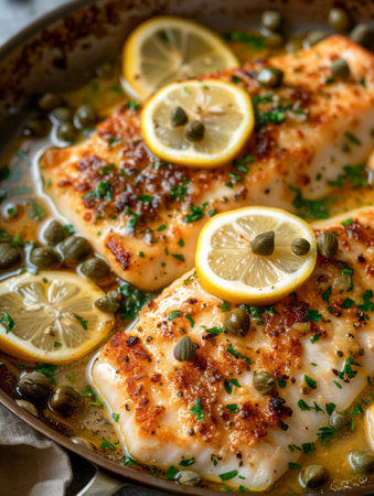 Delicious Pan Seared Lemon Butter Chicken with Capers in Skillet, Gourmet Meal Close Up AI Generativeの素材