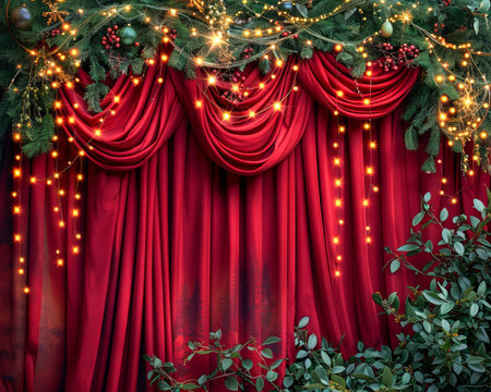 Elegant Red Theater Curtains Framed with Festive Christmas Lights and Lush Greenery Decoration AI Generativeの素材