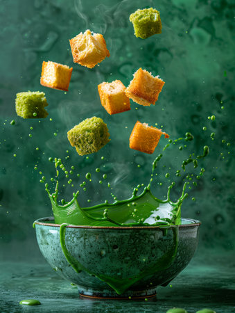 Dynamic High Speed Photography of Croutons Splashing in Green Soup Against Textured Background AI Generativeの素材