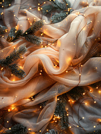 Enchanting Festive Fabric and Pine Branches with Warm Glowing Fairy Lights Cozy Christmas Background AI Generativeの素材