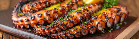 Grilled Octopus on Wooden Board with Lemon and Parsley Gourmet Seafood Delicacy for Fine Dining Restaurants and Culinary Enthusiasts AI Generativeの素材