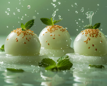 Fresh White Chocolate Truffles with Mint Leaves and Sprinkles in a Dynamic Splash Scene AI Generativeの素材