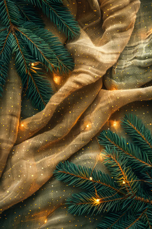 Festive Christmas Fabric Texture with Pine Branches and Golden Glitter Lights on Dark Background for Holiday Backgrounds AI Generativeの素材