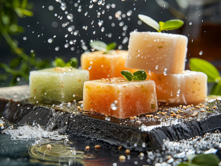 Fresh Assorted Gourmet Cheeses with Water Droplets on Slate Cheese Board with Herbs and Seeds AI Generativeの素材