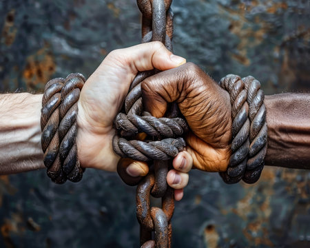 Close up Of Diverse Hands Grasping A Heavy Chain In Unity And Resilience AI Generativeの素材