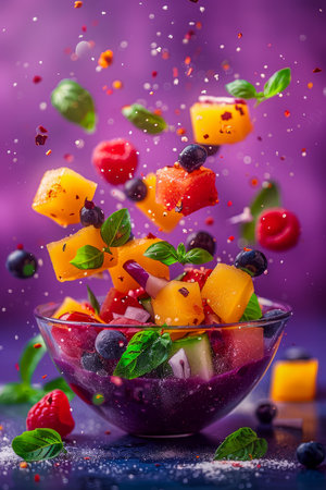 Colorful Fresh Fruit Salad Bowl Suspended in Mid Air with Flying Pieces and Purple Background AI Generativeの素材