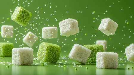 Dynamic Image of Assorted Sugar Cubes with Powder Explosion on Green Background, Vibrant Sweet Food Concept AI Generativeの素材
