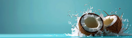 Fresh Coconut Splashing in Water on Turquoise Background, Healthy Tropical Fruit Concept AI Generativeの素材
