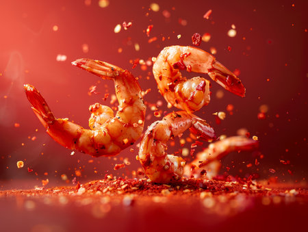 Fresh Grilled Shrimp with Spices Levitating on Rich Red Background Culinary Delight in Motion AI Generativeの素材