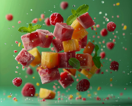 Colorful Fruit Explosion with Flying Fresh Cubes and Berries Against Green Background for Vibrant Food Concept AI Generativeの素材