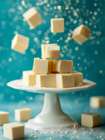 Flying Cubes of Sweet Fudge on Elegant Cake Stand with Magical Blue Bokeh Background, Festive Concept AI Generativeの素材