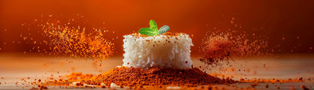 Exquisite Cooked Rice Presentation on Rustic Orange Background with Paprika Explosion and Fresh Basil Garnish AI Generativeの素材