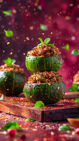 Delicious Stuffed Zucchini with Quinoa and Vegetables on Festive Table Setting with Vibrant Colors and Garnish AI Generativeの素材
