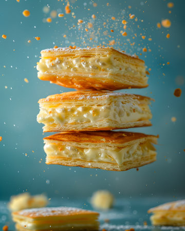 Delicious Flaky Layered Puff Pastry Mid Air With Golden Crumbs Sprinkling Down Against a Blue Background AI Generativeの素材
