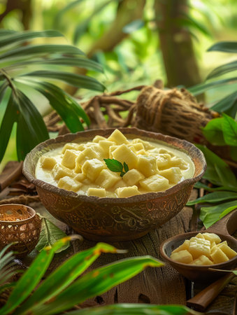 Exotic Star Fruit Pieces in Wooden Bowl Set in Lush Green Tropical Forest Background AI Generativeの素材