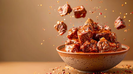 Delicious Slow Cooked Pork in Rich Glaze with Spices Falling, Served in Ceramic Bowl on Neutral Backdrop AI Generativeの素材