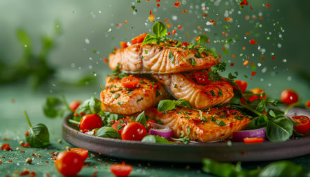 Delicious Grilled Salmon Fillets Seasoned with Herbs and Spices on Ceramic Plate with Fresh Greens AI Generativeの素材