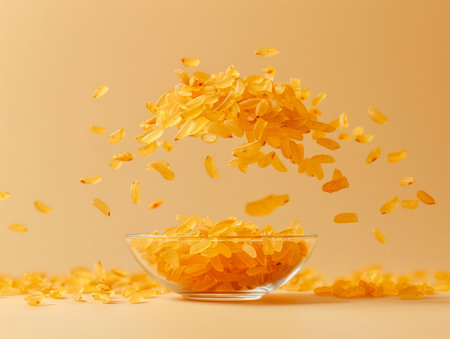 Dynamic Corn Flakes Falling into a Glass Bowl on a Warm Beige Background with Copy Space AI Generativeの素材