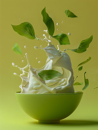 Fresh Green Leaves and Milk Splash in Bowl on Vibrant Yellow Background Concept of Organic Food and Healthy Eating AI Generativeの素材