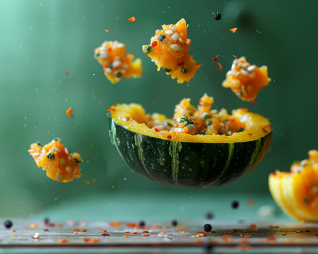 Fresh Pumpkin Explosion Captured in Mid Air with Seeds and Pulp Flying on a Green Background Dynamic Food Photography AI Generativeの素材