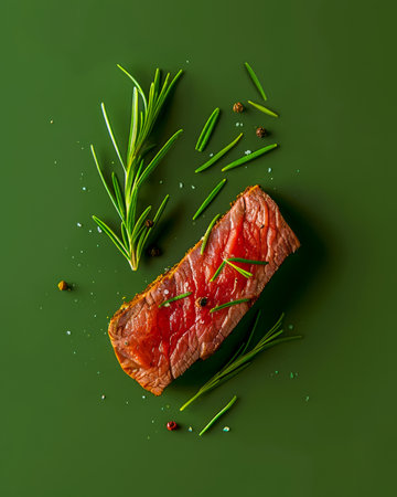 Fresh Raw Beef Steak with Rosemary Sprigs and Spices on a Dark Green Background Gourmet Meat Preparation Concept AI Generativeの素材