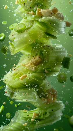 Fresh Celery Stalks with Chopped Green Onions and Garlic in a Dynamic Composition with Water Droplets Healthy Eating and Cooking Concept AI Generativeの素材