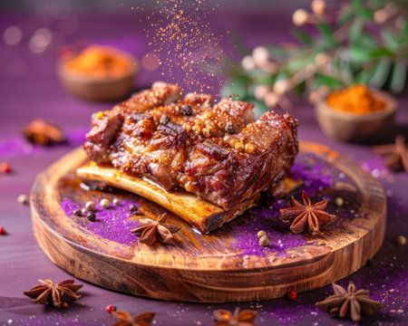 Succulent Spiced Barbecue Ribs Served on Wooden Board with Cinnamon and Star Anise Rustic Gourmet Presentation AI Generativeの素材