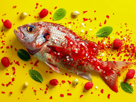 Fresh Whole Fish with Herbs, Spices, and Berries on Vibrant Yellow Background Gourmet Seafood Concept AI Generativeの素材