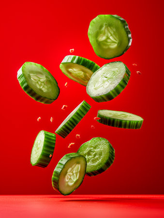Fresh Sliced Cucumbers Floating on Red Background, Levitating Fresh Vegetables, Dynamic Food Concept, Healthy Eating, Minimalist Vibrant Design AI Generativeの素材