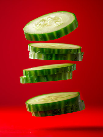 Fresh Sliced Cucumber Floating Against Vibrant Red Background Healthy Eating and Culinary Concept AI Generativeの素材