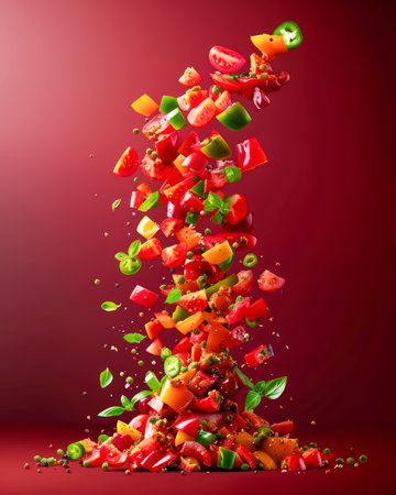 Fresh Mixed Vegetables and Fruits Chopped in Mid Air Against a Vibrant Red Background Healthy Eating Concept AI Generativeの素材