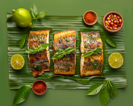 Grilled Fish Fillets with Lime and Herbs on Banana Leaf, Gourmet Seafood Dish on Green Background, Culinary Delights AI Generativeの素材