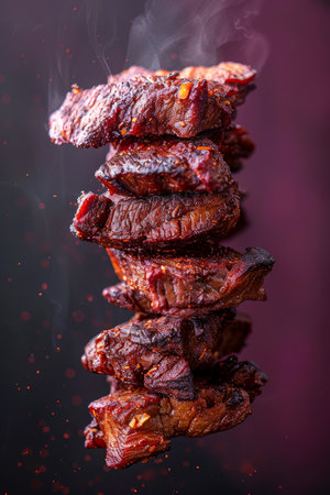 Succulent Smoked Beef Brisket Slices Tumbling in Air Against Dark Background with Spice Particles AI Generativeの素材