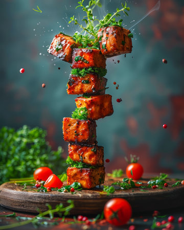 Levitating Grilled Chicken Cubes Skewer with Fresh Herbs, Cherry Tomatoes and Spices on Dark Background AI Generativeの素材